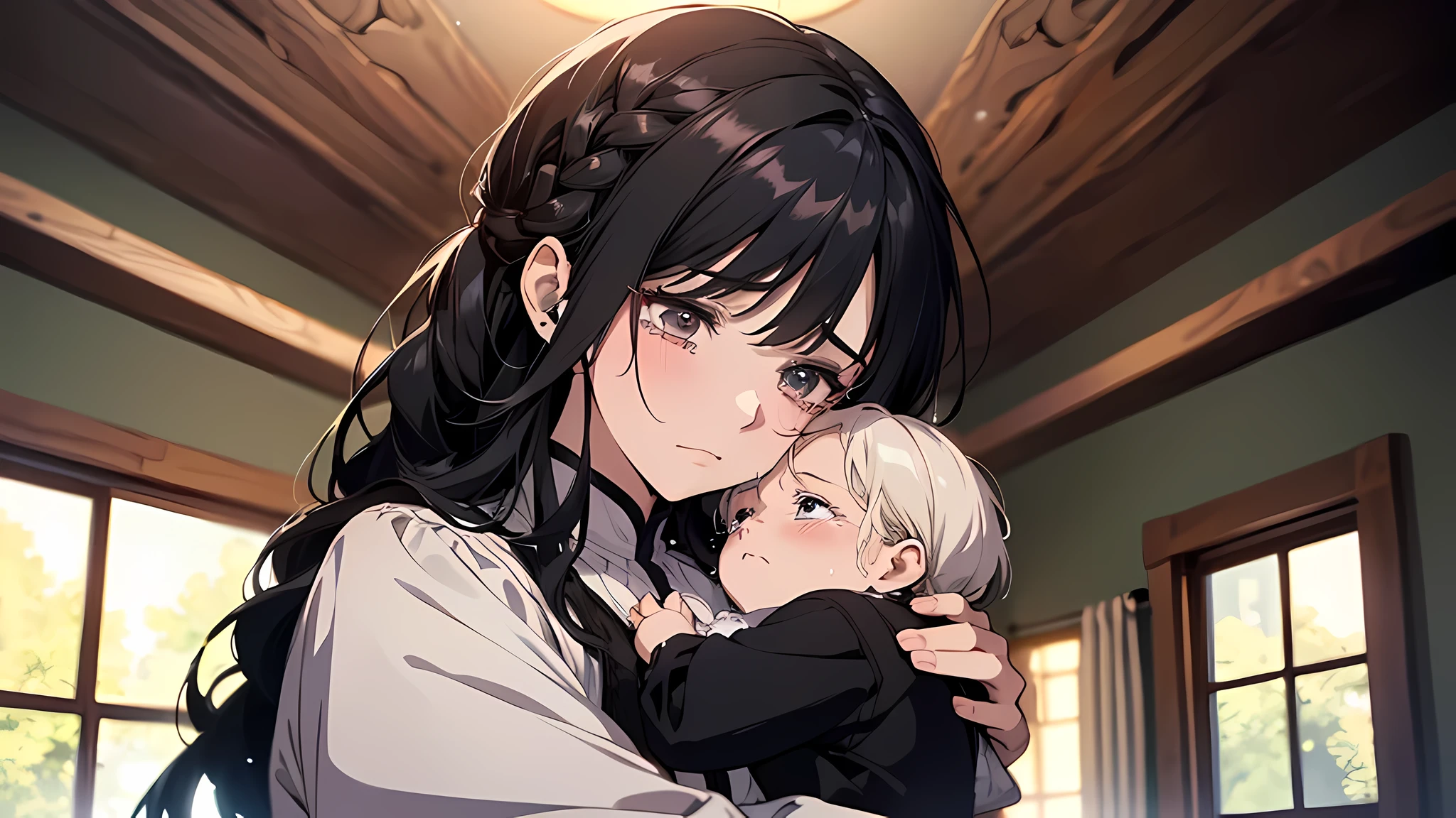 Anime image of a woman holding a baby in a room - SeaArt AI