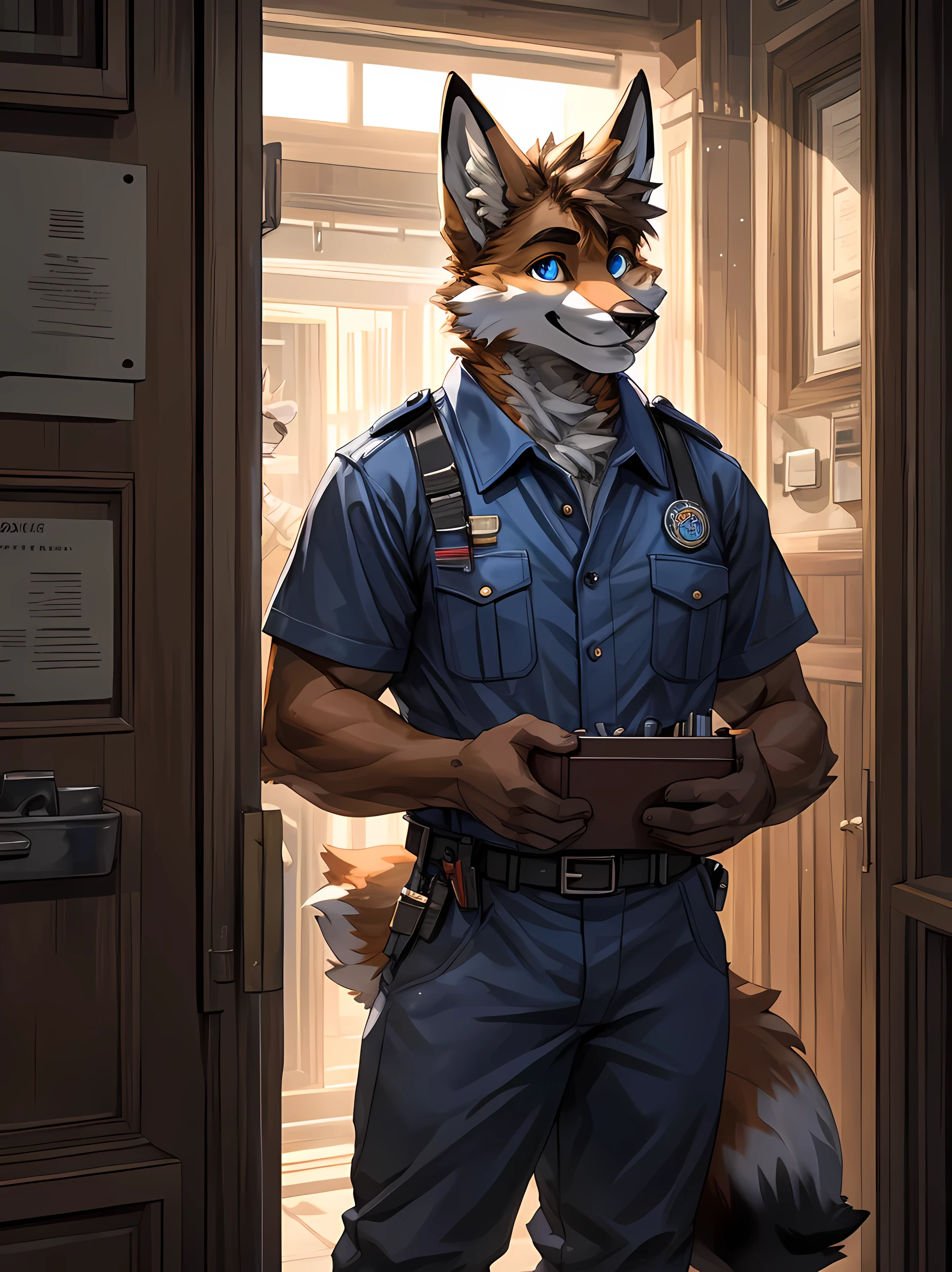 furry,fox,man,neon blue eyes(Realistic eye detail)handsome face.,voluptuous,smile at the corner of your mouth.,strong,Enter the plumber.&#39;uniform s(Realistic costumes),perfect anatomy,Realistic anatomy,Left hand holds tool box 1.2(Realistic hand detail, Not deformed.),standing in front of the door(realistic background),Look at the audience..,HDR,8ก,Maximum overall detail