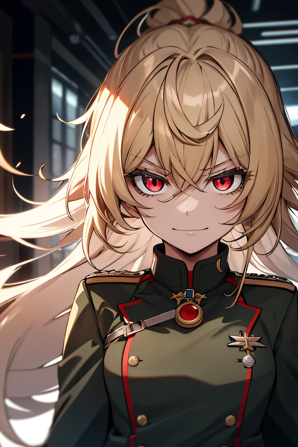 (masterpiece, best quality: 1.1), 1girl solo, tanya, 1girl, solo, , flat chest, small breasts, curvy, military, military uniform, ,, evil smile, wicked expression, anger, red eyes, neutral lighting