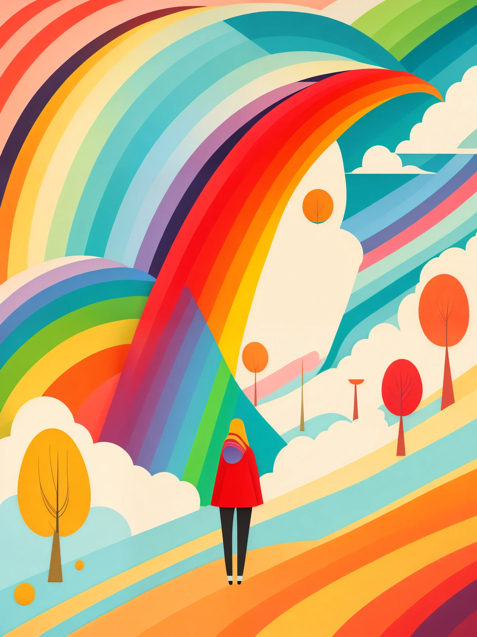 art illustration，rainbow，portrait，trees，colorful, rainbow, small , Contrasting colors, in the spring landscape, icon design, Rozmin trip, vector art, (1 girl), alone，Abstract surreal colors, popular geometric surrealism, rainbow色的梦想