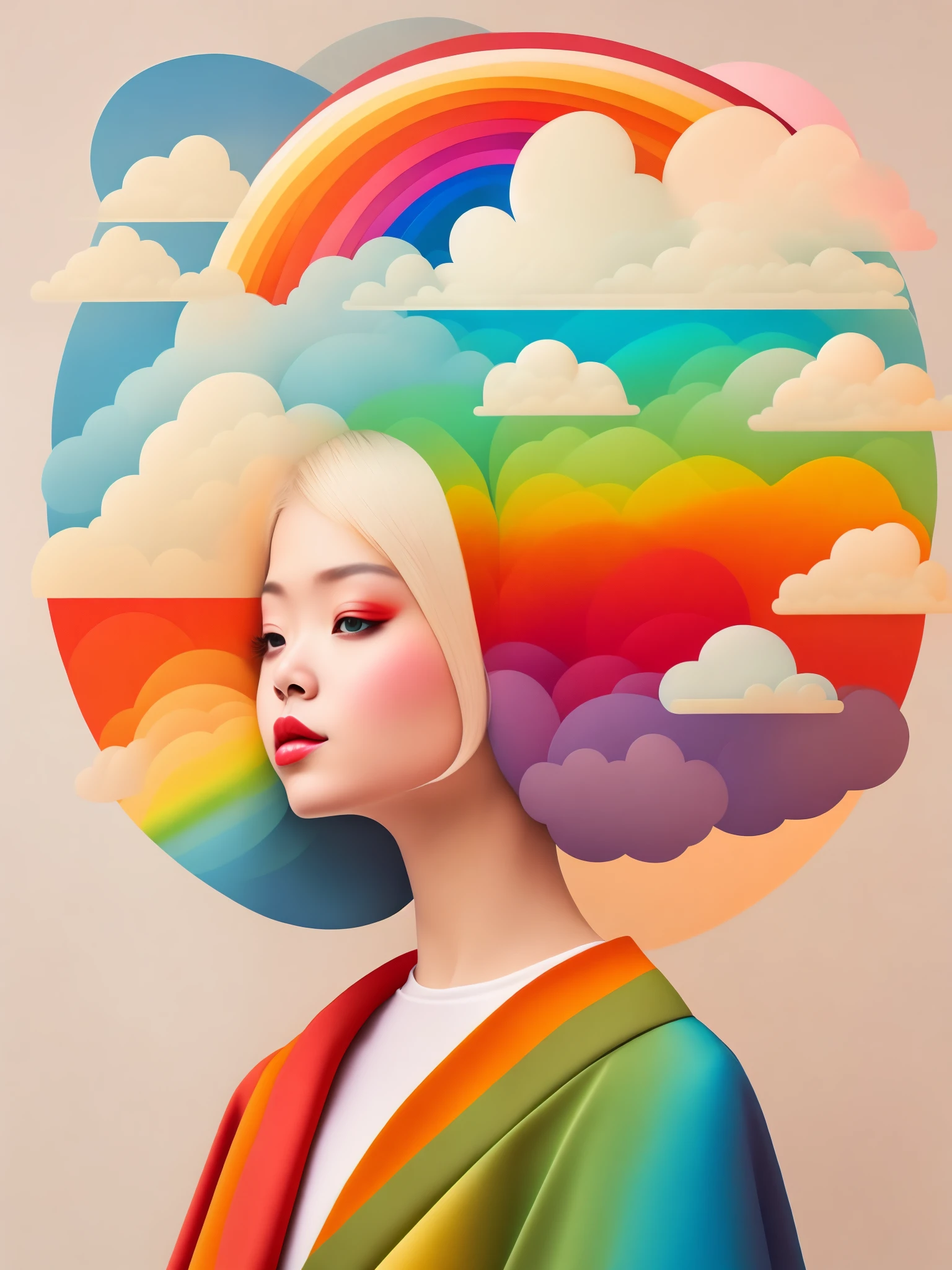 （masterpiece，best quality：1.2），art illustration，girl portrait，Often neck，Hair covered with clouds，Baiyun，rainbow，composition，stitching，trees，rainbow，Contrasting colors，Spring landscape，Abstract surreal colors，rich and colorful，pop geometric surrealism，rainbow色的梦想，icon design，Rozmin trip，vector art，