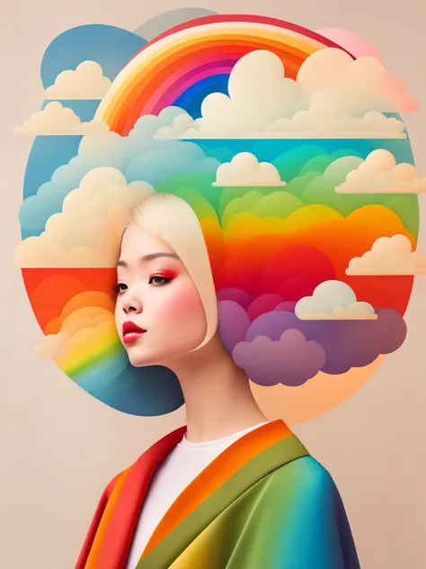 （masterpiece，best quality：1.2），art illustration，girl portrait，Often neck，Hair covered with clouds，Baiyun，rainbow，composition，sti...