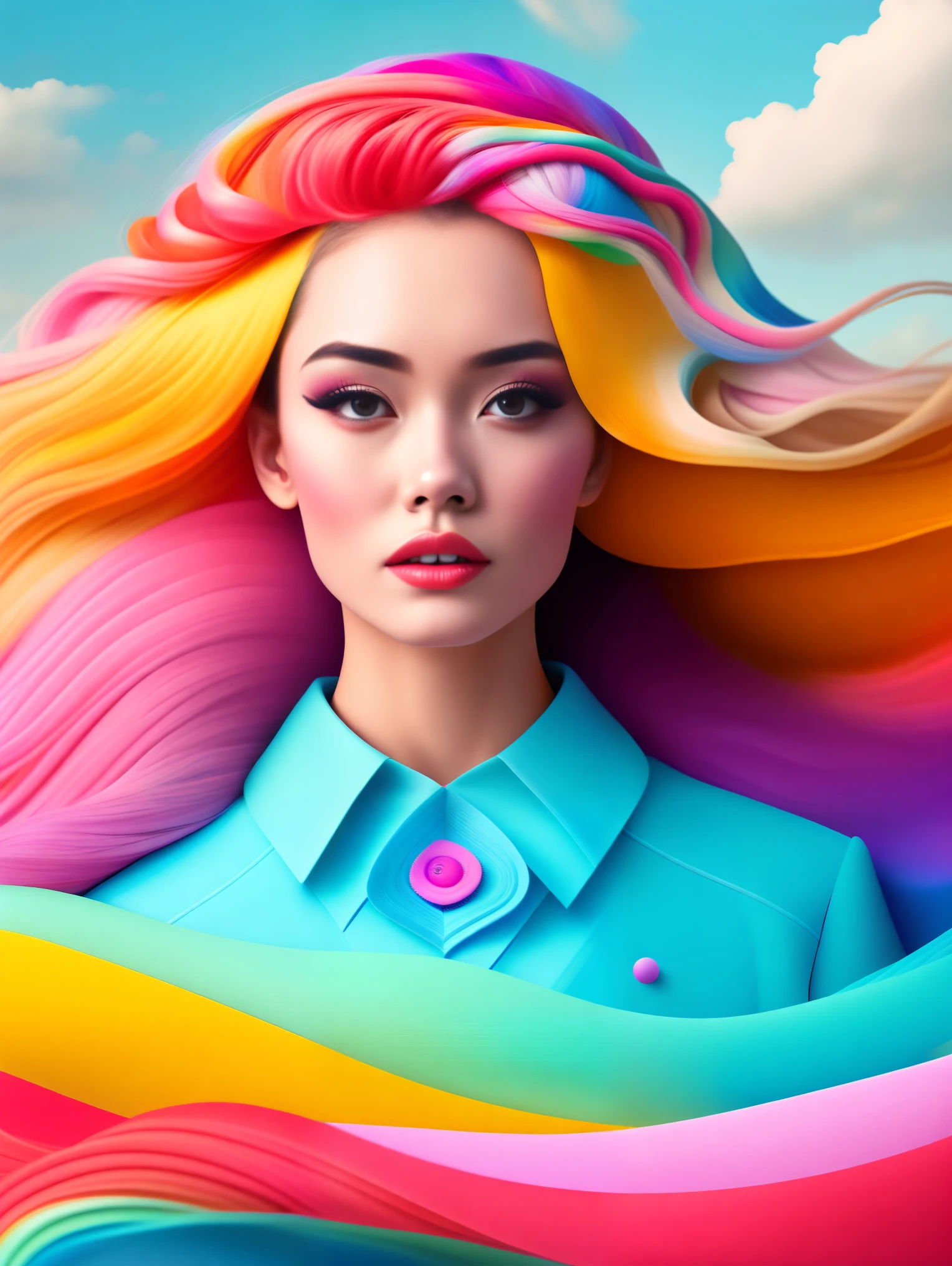 fumo, 1 very wild hair, colorful wavy hair，Two long braids, long wild hair, colorful hair, Wear a long skirt, high contrast, epic, absurd, Astonishing, interesting, itchy, Super detailed, Surreal, pastel colors, 8k，Contrasting colors，Spring landscape，抽象Surreal的色彩，rich and colorful，流行几何Surreal主义，rainbow colored dreams，icon design，Rozmin trip，vector art