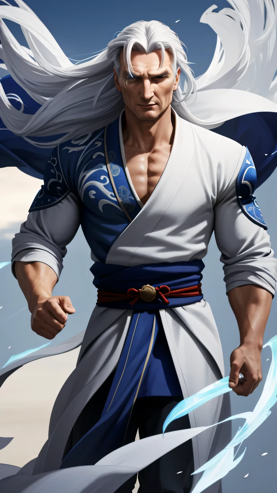 Liam Neeson as Fujin from Mortal Kombat, God of Wind, elements of air, tall and muscular figure, long, flowing white hair, bright blue eyes, traditional robe, accessories adorned with wind motifs, intricate, high detail, sharp focus, dramatic, photorealistic painting art by greg rutkowski