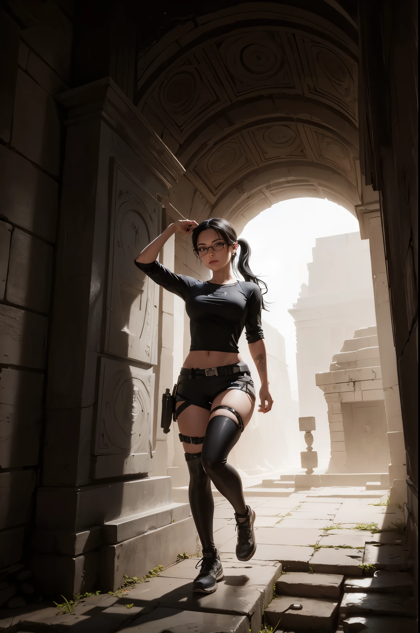 Wide shot, beautiful young explorer, long black hair in a ponytail, bangs, wearing glasses, wearing a Tomb Raider outfit, in an ancient tomb.