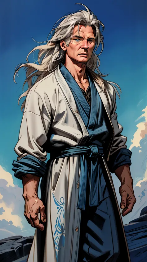 Liam Neeson as Fujin from Mortal Kombat, God of Wind, elements of air, tall and muscular figure, long, flowing white hair, bright blue eyes, traditional robe, accessories adorned with wind motifs, intricate, high detail, sharp focus, dramatic, photorealist...
