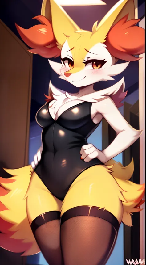 by waspsalad, by phluks, by zero-sum, cinematic lighting, comfortable anime-style cartoon-style, digital drawing, (Braixen, female, breasts, anthro), solo, perspective, (tail), totally blushed, smug smile, half-closed eyes, hands on hips, black leotard, Fi...