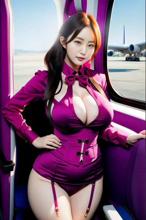  (masterpiece:1.3), (High resolution:1.1), Detailed beautiful face, Detailed beautiful, (huge breasts, gigantic breasts:1.4),  araffe in a purple corset sitting on a plane, korean girl, sakimichan, fully dressed, intriguing outfit, japanese goddess, very s...
