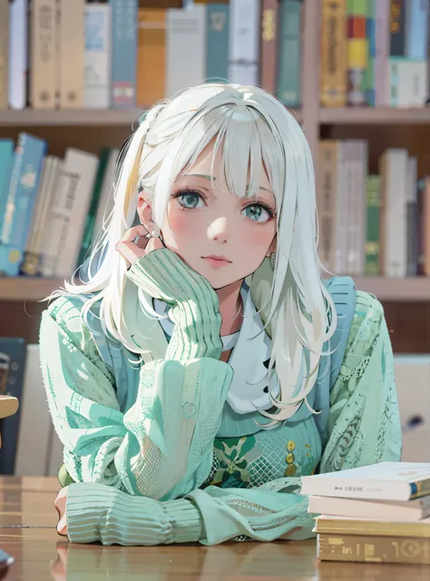 blond haired white hair girl and green sweater sitting at a table, long white hair and bangs, Shirahime cut hairstyle, white hai...