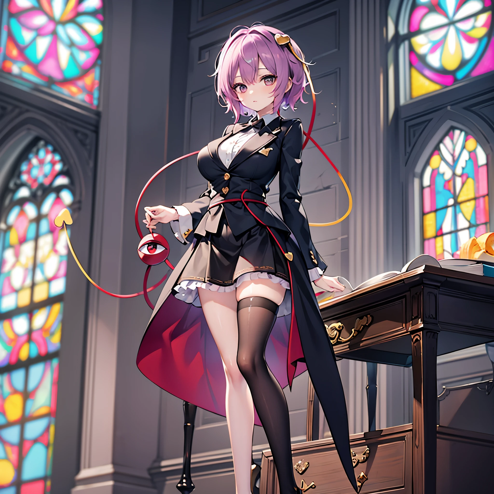 Satori toho character, (solo), standing, stained glass, BREAK, short hair, huge breasts, (inconceivably thin waist), very long legs, BREAK, (black blazer), (black thighhighs), black miniskirt, highheels