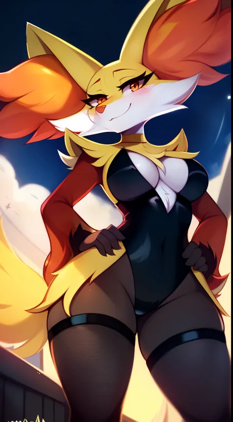 by waspsalad, by phluks, by zero-sum, cinematic lighting, comfortable anime-style cartoon-style, digital drawing, (delphox, female, breasts, anthro), solo, perspective, (tail), totally blushed, smug smile, half-closed eyes, hands on hips, black leotard, Fi...