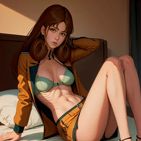 "A girl is lying in bed Hayase Misa, retro artstyle, 1980s \(style\), 1girl, brown hair, solo, long hair, green eyes,,  brown hair, huge, toned waist, tiny size and mesh beige lingerie shorts, legs open in an M shape and sleeping relaxed. Outerwear is a le...