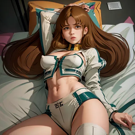 , "A girl is lying in bed Hayase Misa, retro artstyle, 1980s \(style\), 1girl, brown hair, solo, long hair, green eyes,,  brown hair, huge, toned waist, tiny size and mesh beige lingerie shorts, legs open in an M shape and sleeping relaxed. Outerwear is a ...