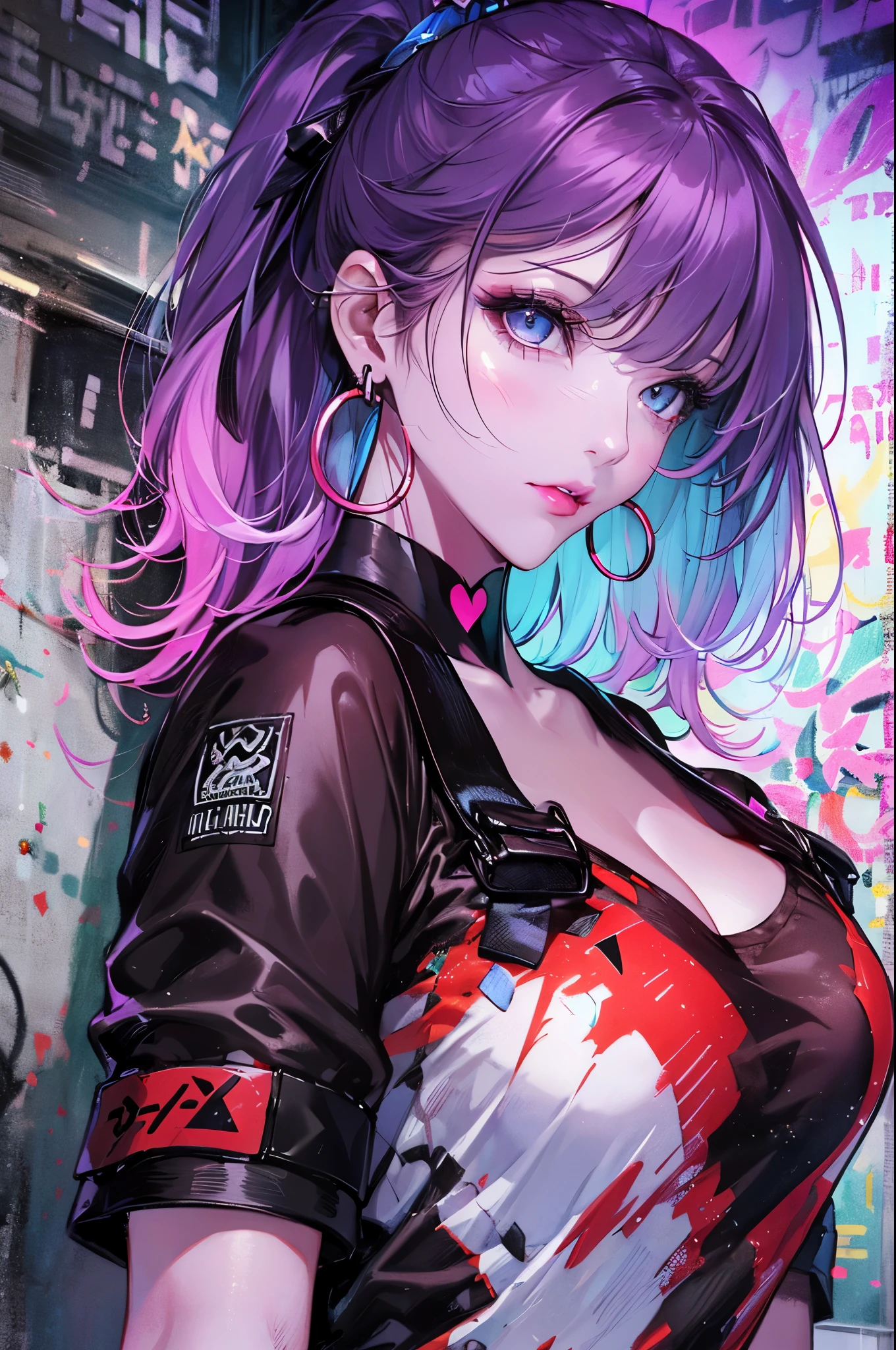 hair above one eye, red eyes, clear eyes, choker, Neon Shirt, torn legwear, open jacket, towards the wall, brick wall, graffiti, shining grafiti, shineing tattoos, shine, neon light, Black light,anime style, movie portrait photography, 1 female, 22 years ago, Full body Esbian,Blue eyes background, big and full breasts, anger, (scarlet colored hair), long hair, purple eyes, wearing a short black dress, (natural skin texture vivid details, surreal, (realistic detailed eyes, natural skin texture, realistic facial details), soft and dramatic lighting, Depth of written boundary, bokeh, vivid details, surreal, 35mm movie, hazy blur, movie,lipstick, ear piercing, eye shadow, hoop earrings, Red-pink lips, Multicolored red eyes, purple theme,Wear an iridescent aura,beautiful eyes,stand in front of the red gate,bold pose、upward glance,upper ponytail,Hanging bangs、、peeping、Face straight up、,boots,(((Shooting from various angles)),Peeking in from above