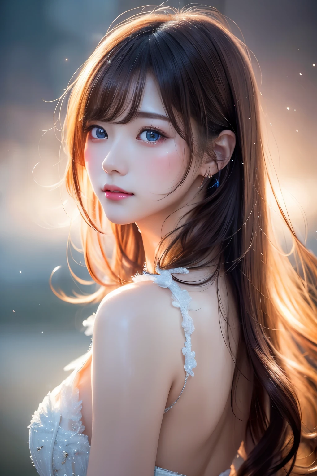 best quality, 32k, RAW photo, incredibly absurdres, extremely detailed, delicate texture, bust up of a beautiful woman with a sad expression looking back, many seven-colored light particles bursting in the fog, fantastic and mysterious