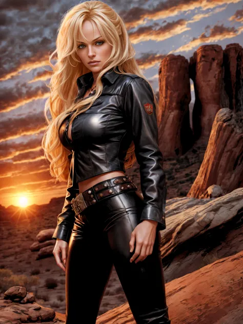 in comic book style, a woman with blonde long hair in black leather pants and a checkered shirt is standing in front of a wild w...