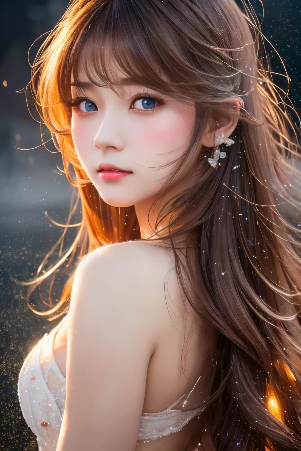 best quality, 32k, RAW photo, incredibly absurdres, extremely detailed, delicate texture, bust up of a beautiful woman with a sad expression looking back, many seven-colored light particles bursting in the fog, fantastic and mysterious