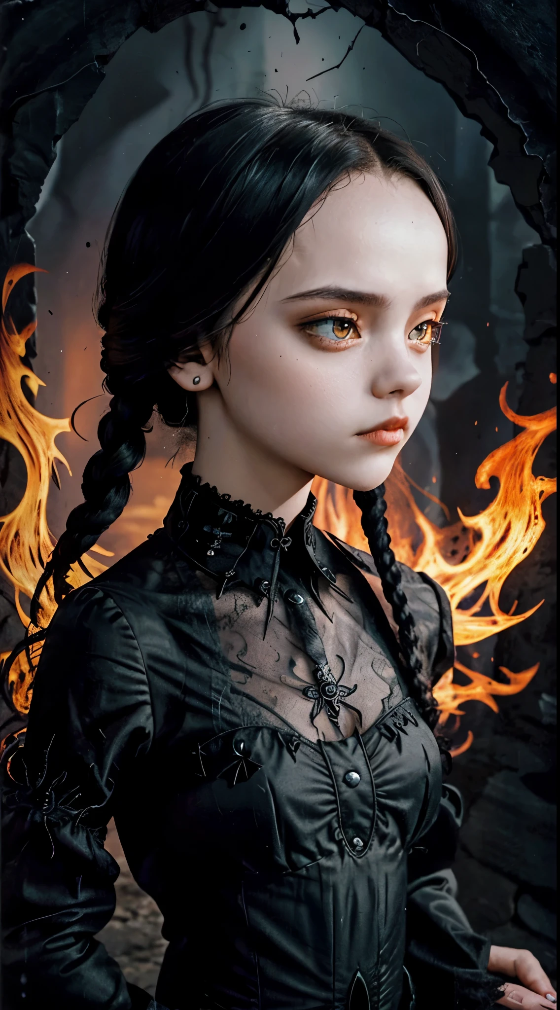 photo, gothic art, abstract:1.5, upper body, 1girl, long hair, gothic dress, colorful:1.5, symmetrical, masterpiece, 8k, very detailed, charming, sensual, mysterious, centered, lace patterns, flames, 8k,