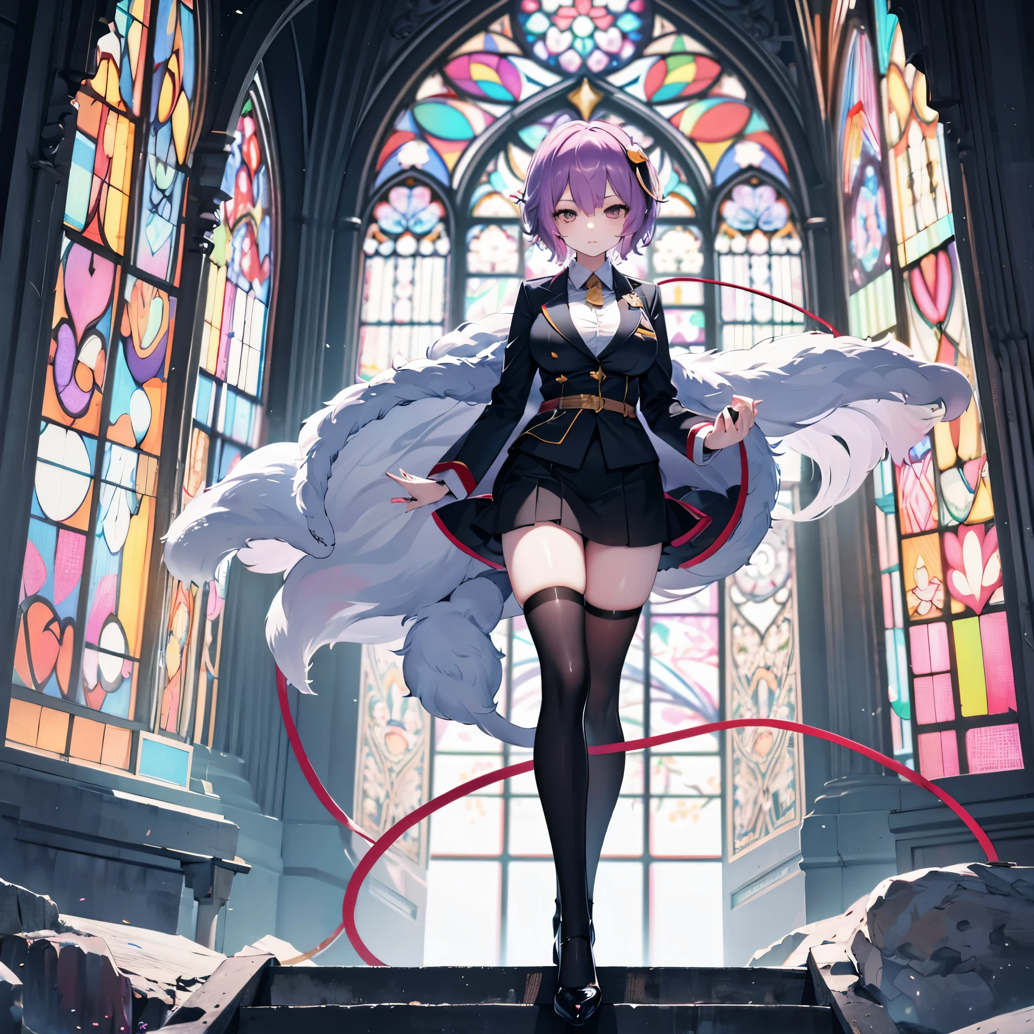 Satori toho character, (solo), standing, stained glass, BREAK, short hair, huge breasts, (inconceivably thin waist), very long legs, BREAK, (black blazer), (black thighhighs), black miniskirt, highheels, military medal of honor