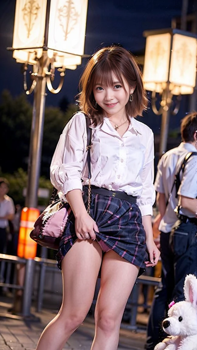 （Highest image quality、highest quality、highest resolution、masterpiece、detailed、real photos）、blonde、looking at the camera、beautiful and cute smile、((full body shot))、((Low - Angle))、skirt lift、earrings、necklace、ring、Piercing in the navel、(Quite small)、(Quite lean body)、Kyary Pamyu Pamyu costume、that girl&#39;s face、((pink bag with stuffed animal:1.2))、((The location is downtown at night、in the crowd:1.3))