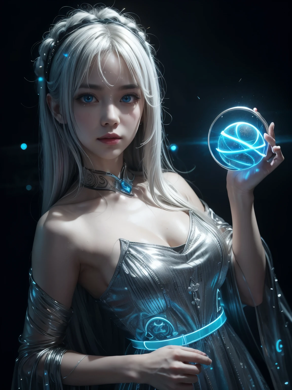 ((upper body)), best quality, masterpiece, a Japanese woman with ((Luminescence white hair)), ((detailed pearl blue eye)), high detailed goddess soul, focus on character, solo, (style swirl magic), solo, from front, front view, looking at viewer, detailed face, ((Luminescence Lighting Magic Circle theme)), perched on a ledge, tight neon body, light streaks, dark abyssal wanderer abstract, ((Simple Luminescence Neon Gown)), inscribed with mystical runes, outdoor dystopian background,