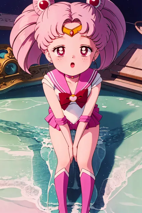 masterpiece, highest quality, confused, perfect anatomy, 1 girl, alone, SM Moon, 1990s \(style\), Sailor Chibi Moon pink hair, pink pupil, smile, sailor warrior uniform pink, Pink sailor color, elbow bag, (flat chest), down blouse, close up face, open your...