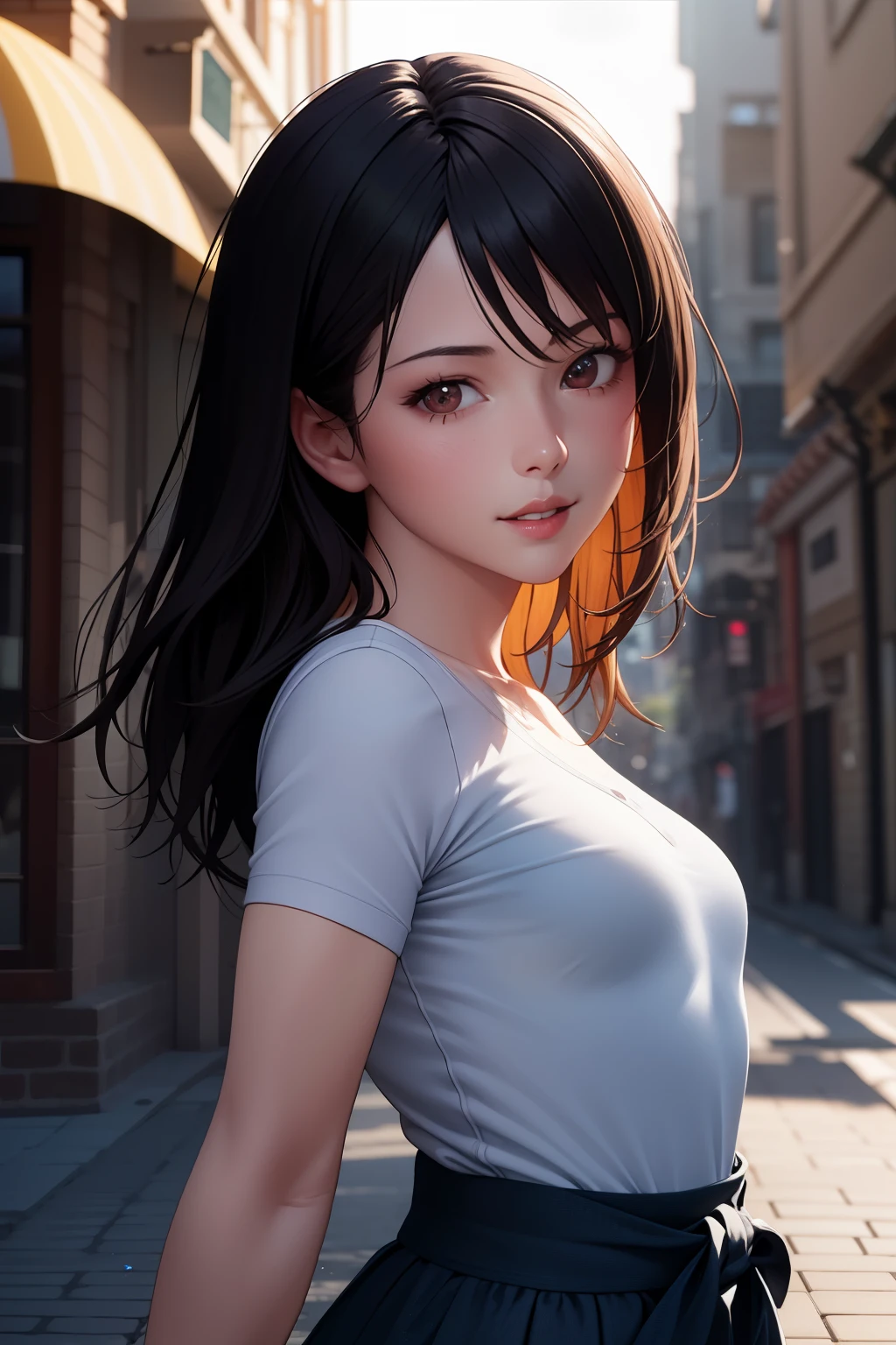 (1 girl), (8k), (4k), (masterpiece), (best quality), (from the side), whole body, (skin dent: 1.3), (photorealistic face), (medium small breasts) ), Fantasy, Highly Detailed, Complex, Highly Detailed, (Perfect Face), Illustration, Soft Lighting, (Specular Lighting: 1.4) (Realistic), Photorealistic, Octane Rendering, (Hyperrealistic :1.2), (Skirt, Shirt: 1.1), White legwear, Small of the waist, Top quality, (Street: 1.3), Outdoors, Dynamic pose, Smile, Parted lips, Staring viewer, Sharp focus, Who's looking? Beautiful face too,