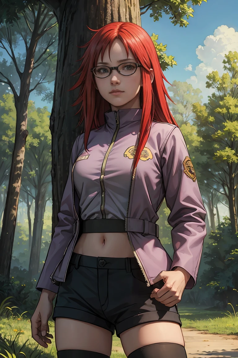 on grass, (best quality, masterpiece:1.2), photorealistic, thick outlines, strong shadows, 1 girl, full body, small breast, happy,  forest, clearing, giant trees, blue sky, clouds red hair, long hair, spiky hair on left side, red eyes, glasses, purple jacket, tummy seen, suspender shorts , black shorts, overknee socks, detailed background, detailed face,