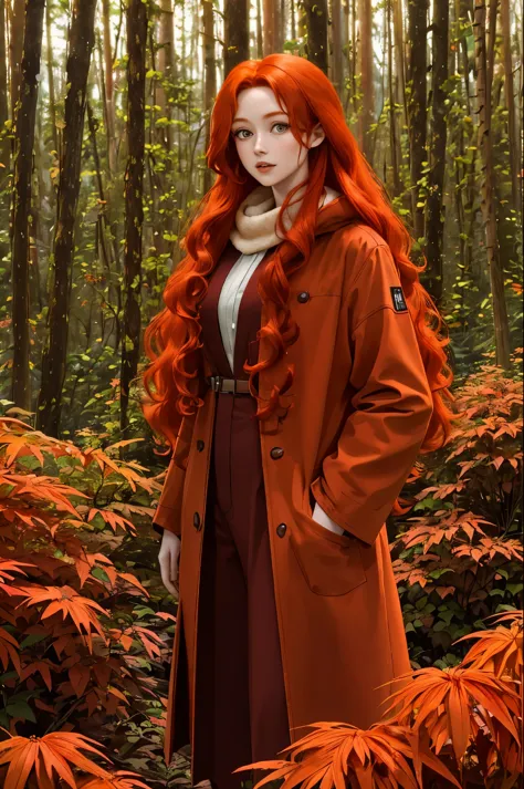 arafed woman with red hair and a brown coat standing in a forest, wild ginger hair, monia merlo, orange skin and long fiery hair...