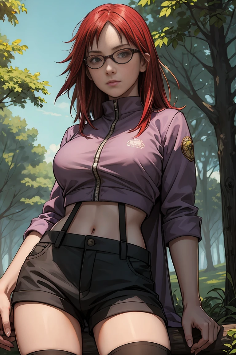 on grass, (best quality, masterpiece:1.2), photorealistic, thick outlines, strong shadows, 1 girl, full body, mid size breast, happy,  forest, clearing, giant trees, blue sky, clouds long red spiky hair, red eyes, glasses, violett jacket, crop top, tummy seen, suspender shorts black shorts, white overknee socks, sexy, detailed background, detailed face, artistic