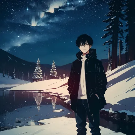 A boy in a black puff jacket and baggy pants standing in a winter landscape at night. The sky is filled with shining stars, crea...