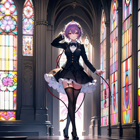 Satori toho character, (solo), standing, stained glass, BREAK, short hair, (huge perky breasts), (inconceivably thin waist), ver...