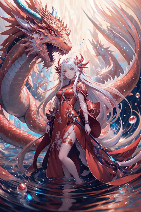 anime girl with long hair and red dress standing in water with a large dragon, anime art wallpaper 4k, anime art wallpaper 4 k, ...