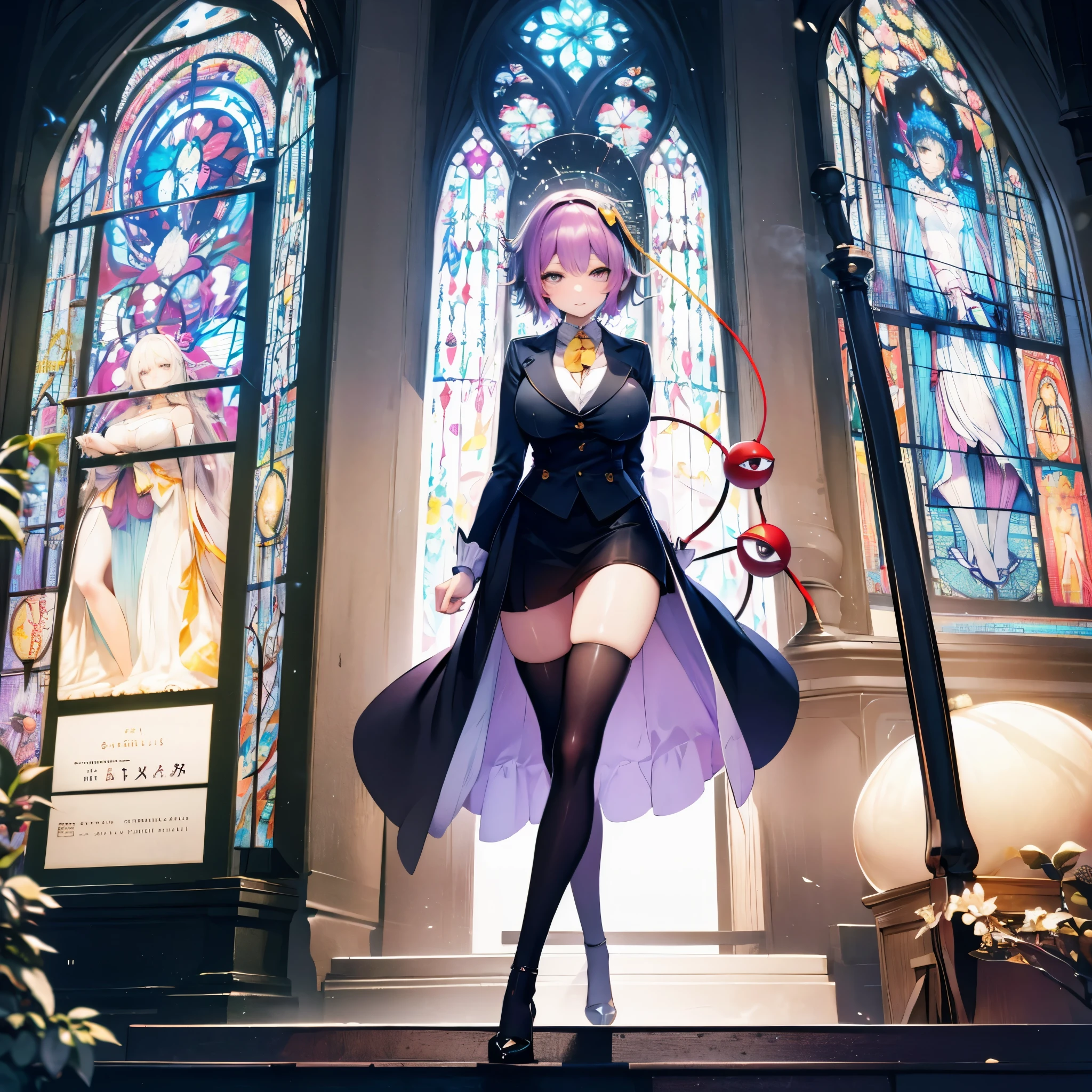 Satori toho character, (solo), standing, stained glass, BREAK, short hair, (huge perky breasts), bursting breasts, (inconceivably thin waist), very long legs, BREAK, (black blazer), (black thighhighs), very short black miniskirt, highheels, military, BREAK, masterpiece, ultra-detailed