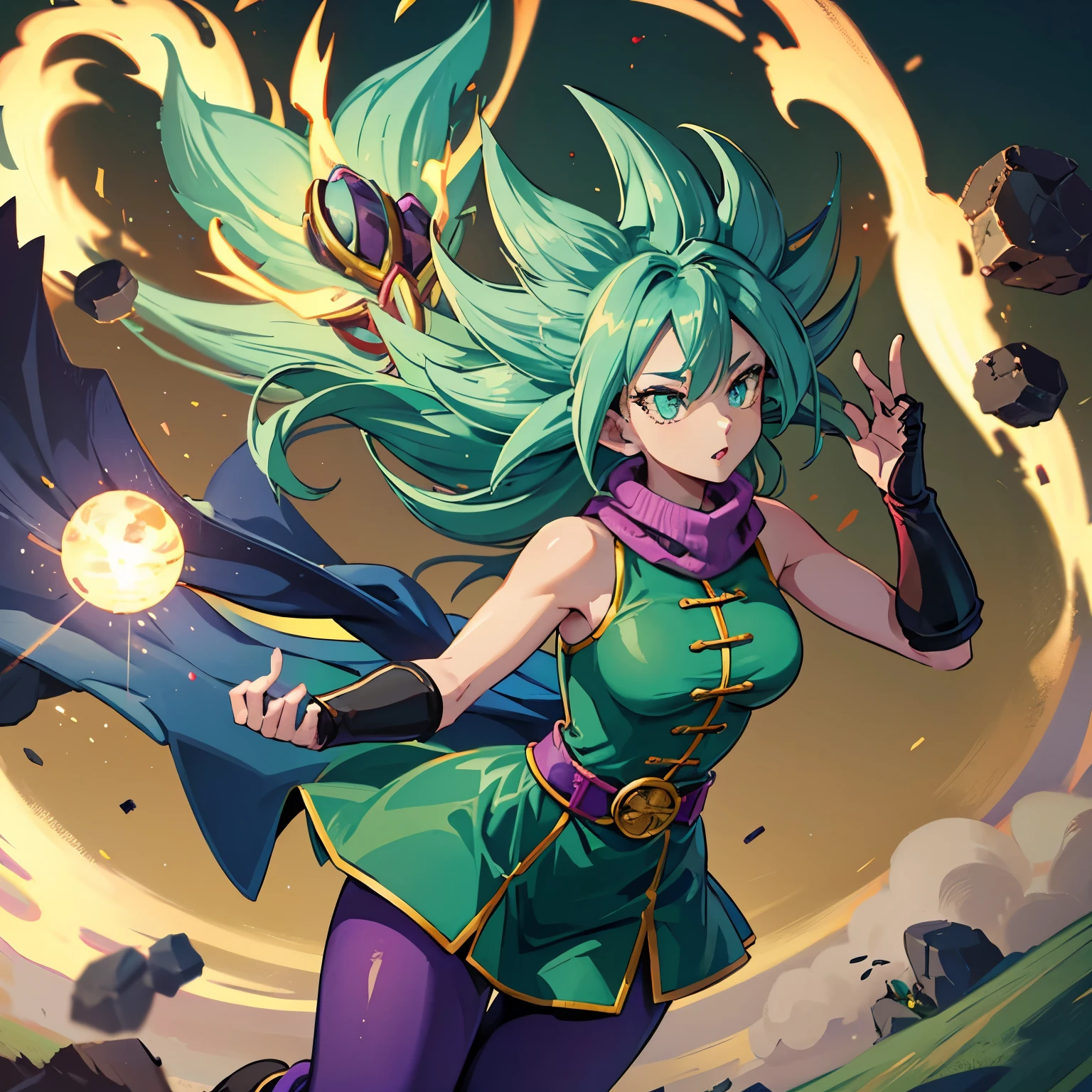 fêmea, mulher, Corrida: “Cereal de Dragon Ball Super Manga”, cabelo verde menta, tem pele clara, wavy cabelo verde menta, cabelo longo, franja de cabelo grande, um olho verde menta e um olho vermelho, traje consiste em uma camisa verde escura sob um casaco verde com botões amarelos, um longo lenço marrom, um cinto de fivela dupla, e luvas e botas marrons