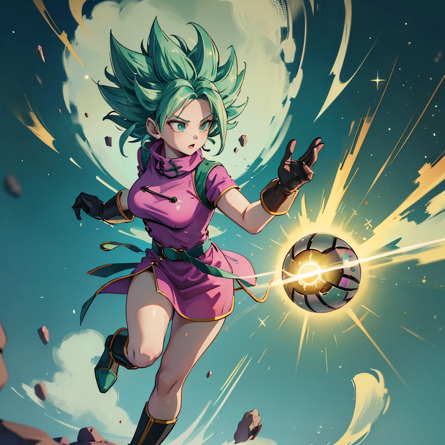 Female, woman, race: “Cerealian from Dragon Ball Super Manga”, mint green hair, has light skin, wavy mint green hair, long hair, large hair bangs, one mint green eye and one red eye, attire consists of a dark green shirt under a green coat with yellow buttons, a long brown scarf, a dual-buckled belt, and brown gloves and boots