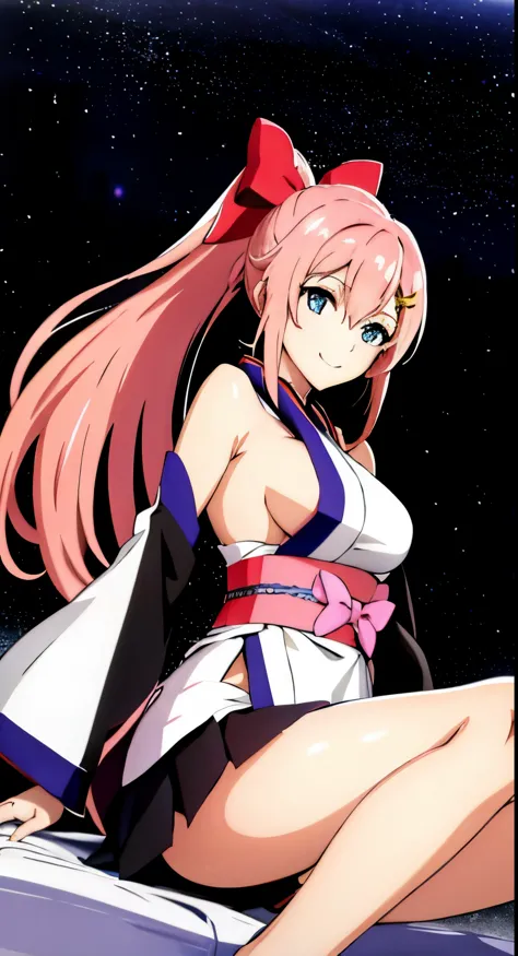 masterpiece, highest quality, High resolution, Lux 3, 1 girl, alone, Lux 3, pink hair, spread legs、show white panties,miniskirt short kimono, blue eyes, hair ornaments,Lux Klein、 very long hair, black sleeves, No sleeve, kimono, bow, black kimono, hair bow...