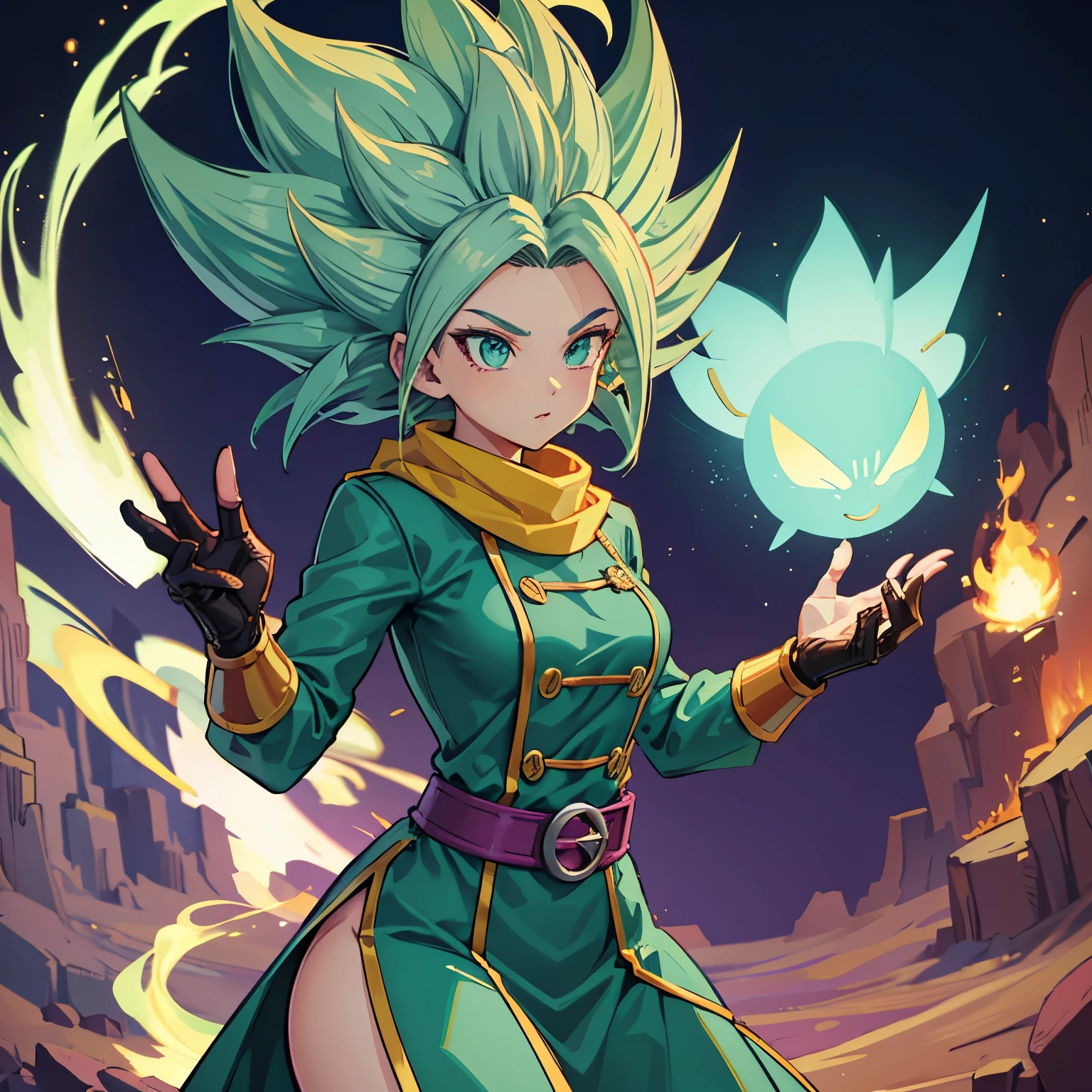 Female, woman, race: “Cerealian from Dragon Ball Super Manga”, mint green hair, has light skin, wavy mint green hair, long hair, large hair bangs, one mint green eye and one red eye, attire consists of a dark green shirt under a green coat with yellow buttons, a long brown scarf, a dual-buckled belt, and brown gloves and boots