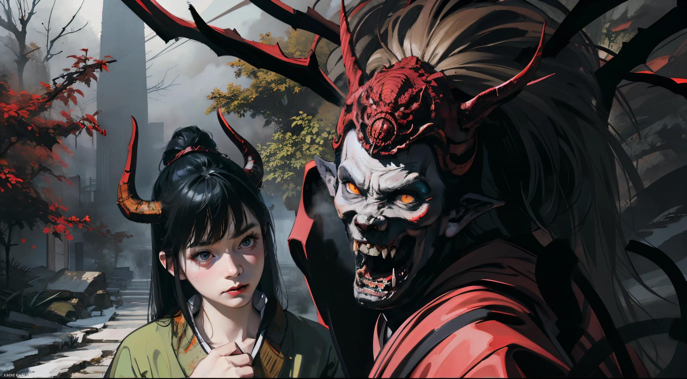 scared samurai oni mask,monster background,(best quality,4k,8k,highres,masterpiece:1.2),ultra-detailed,(realistic,photorealistic,photo-realistic:1.37),dark and mysterious atmosphere,ominous lighting,authentic Japanese texture,ominous and towering mountains,misty and eerie forest,haunting green eyes,loud growls piercing the silence,sharp and menacing horns,intimidating presence of shadows,dynamic and intense brush strokes,evokes traditional Japanese woodblock prints.