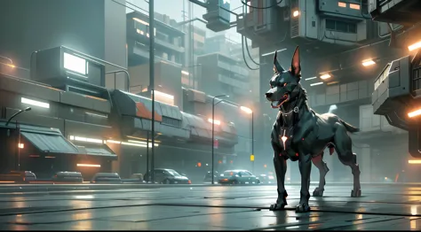 cyberpunk, mechanical dobermann，（mechanized dobermann head:1.5), steel teeth，glowing neon light,  ( global illumination, ray tra...