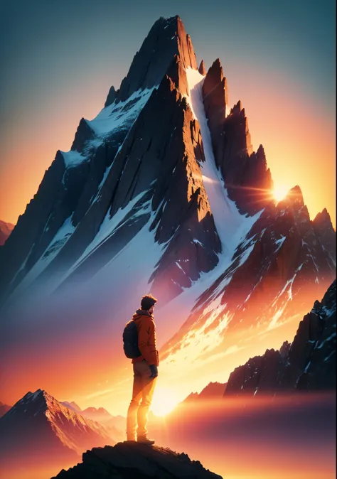 Animation graphic of a man standing on the edge of a towering mountain range, facing away from viewer, The sun rises brilliantly...