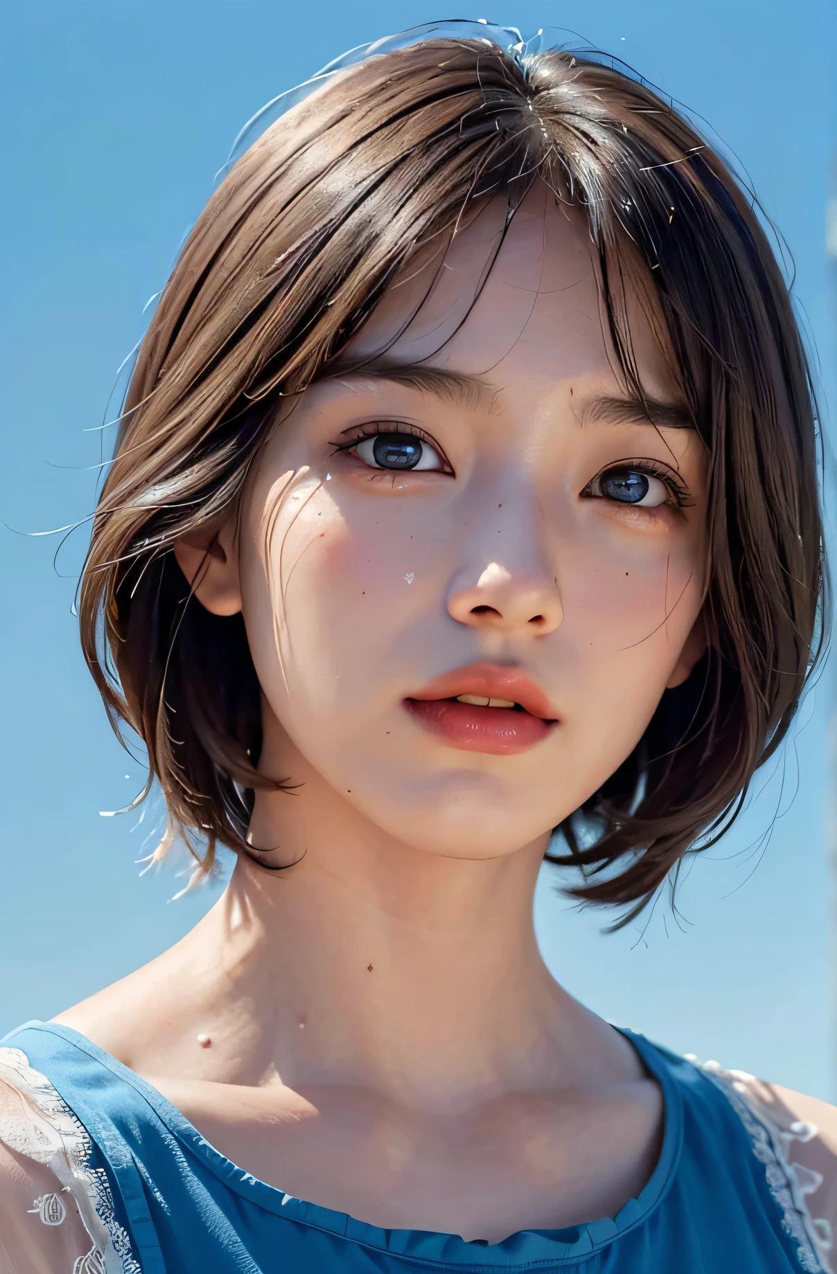 (surreal), (enlightenment), (High resolution), (8K), (very detailed), (The best enlightenmentns), (beautiful and detailed eyes), (highest quality), (Super detailed), (masterpiece), (wallpaper), (detailed face), drooling eyes,full of sweat,upper body close-up,short hair,inner color,Girl in simple blue underwear, Japanese, big breasts、laughter, Concrete background