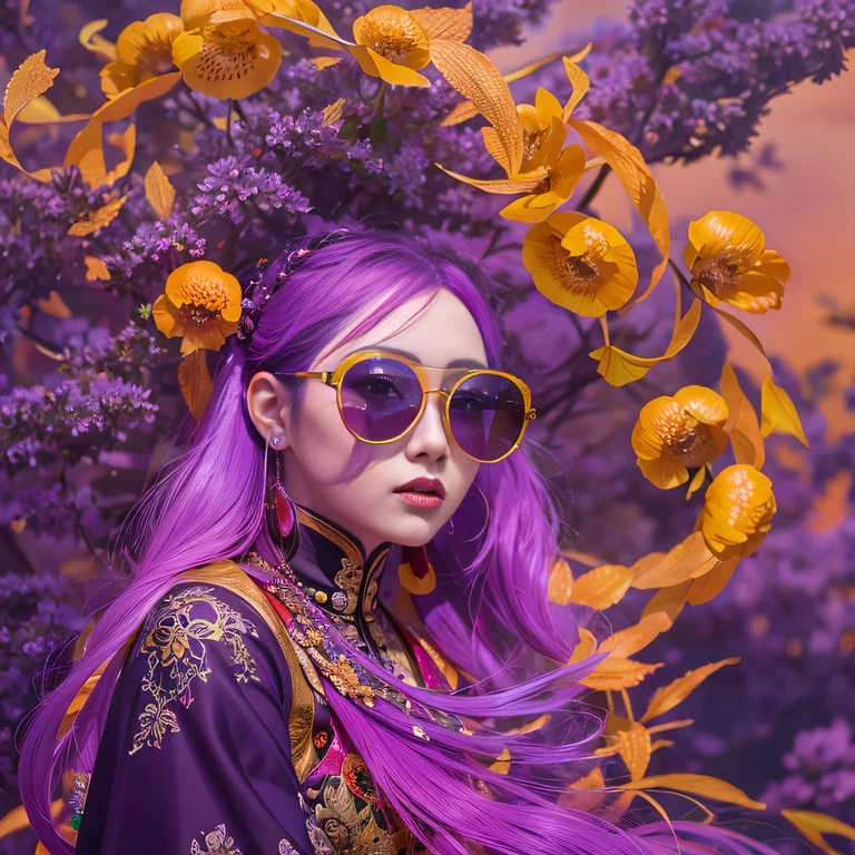 3860 Cyberpunk Lunar New Year（masterpiece，HD，超HD，32k lotus root starch）Bright purple flowing hair，autumn pond，we disagree， lotus root starch color， Asian （Michiko）， （silk scarf）， fighting stance， looking at the ground， Orange gradient long hair， ((thick frame sunglasses))Floating bright purple， Fire cloud gold headdress， Chinese long-sleeved gold silk garment， （Abstract ink splash：1.2），mars background，lotus（realistically：1.4），bright purple hair，Smoke on the road，The background is very pure， high resolution， detail， RAW photos lotus root starch， Sharp Re， Nikon D850 film photo by Jefferies Lee 4 Kodak Portra 400 camera F1.6 guns, colorful, Super real、Vivid textures, dramatic lighting, Unreal Engine Art Station Trend, Silicon Nest 800，Bright purple flowing hair