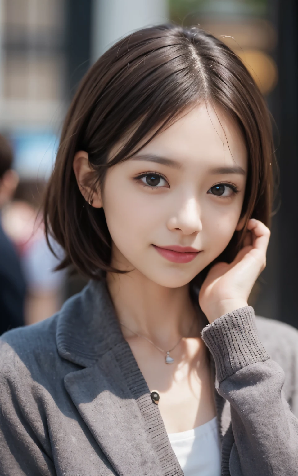 cute 21 year old japanese、Clear skies、shopping、city、super detail face、pay attention to details、double eyelid、beautiful thin nose、sharp focus:1.2、Beautiful woman:1.4、(light brown hair,short hair、),pure white skin、highest quality、masterpiece、ultra high resolution、(Photoreal:1.4)、Highly detailed and professional lighting、nice smile、Show the whole body、cute fall clothes、