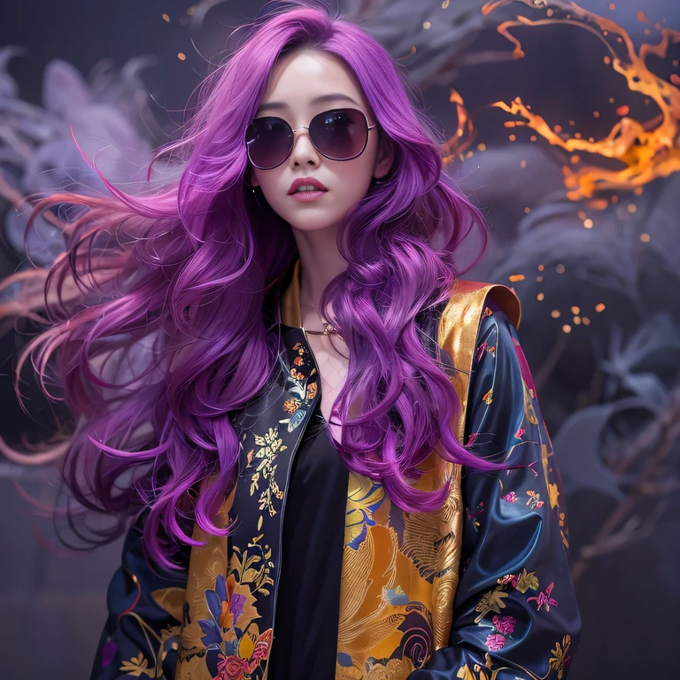 Chapter 3860 The Year of Cyberpunk（masterpiece，HD，超HD，32k lotus root starch）Bright purple flowing hair，autumn pond， lotus root starch color， Asian （Michiko）， （silk scarf）， fighting stance， looking at the ground， Orange gradient long hair， ((thick frame reflective sunglasses))Floating bright purple， Fire cloud gold headdress， Chinese long-sleeved gold silk garment， （Abstract ink splash：1.2），mars background，lotus（realistically：1.4），bright purple hair，Smoke on the road，The background is very pure， high resolution， detail， RAW photos lotus root starch， Sharp Re， Nikon D850 film photo by Jefferies Lee 4 Kodak Portra 400 camera F1.6 guns, colorful, Super real、Vivid textures, dramatic lighting, Unreal Engine Art Station Trend, Silicon Nest 800，Bright purple flowing hair，black reflective sunglasses