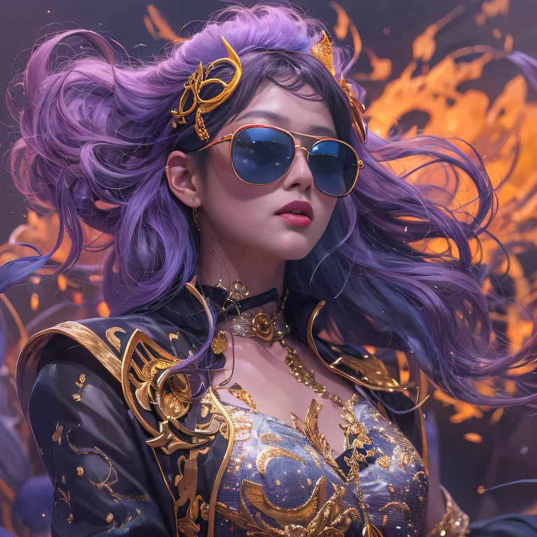 Chapter 3860 The Year of Cyberpunk（masterpiece，HD，超HD，32k lotus root starch）Bright purple flowing hair，autumn pond， lotus root starch color， Asian （Michiko）， （silk scarf）， fighting stance， looking at the ground， Orange gradient long hair， ((thick frame reflective sunglasses))Floating bright purple， Fire cloud gold headdress， Chinese long-sleeved gold silk garment， （Abstract ink splash：1.2），mars background，lotus（realistically：1.4），bright purple hair，Smoke on the road，The background is very pure， high resolution， detail， RAW photos lotus root starch， Sharp Re， Nikon D850 film photo by Jefferies Lee 4 Kodak Portra 400 camera F1.6 guns, colorful, Super real、Vivid textures, dramatic lighting, Unreal Engine Art Station Trend, Silicon Nest 800，Bright purple flowing hair，black reflective sunglasses