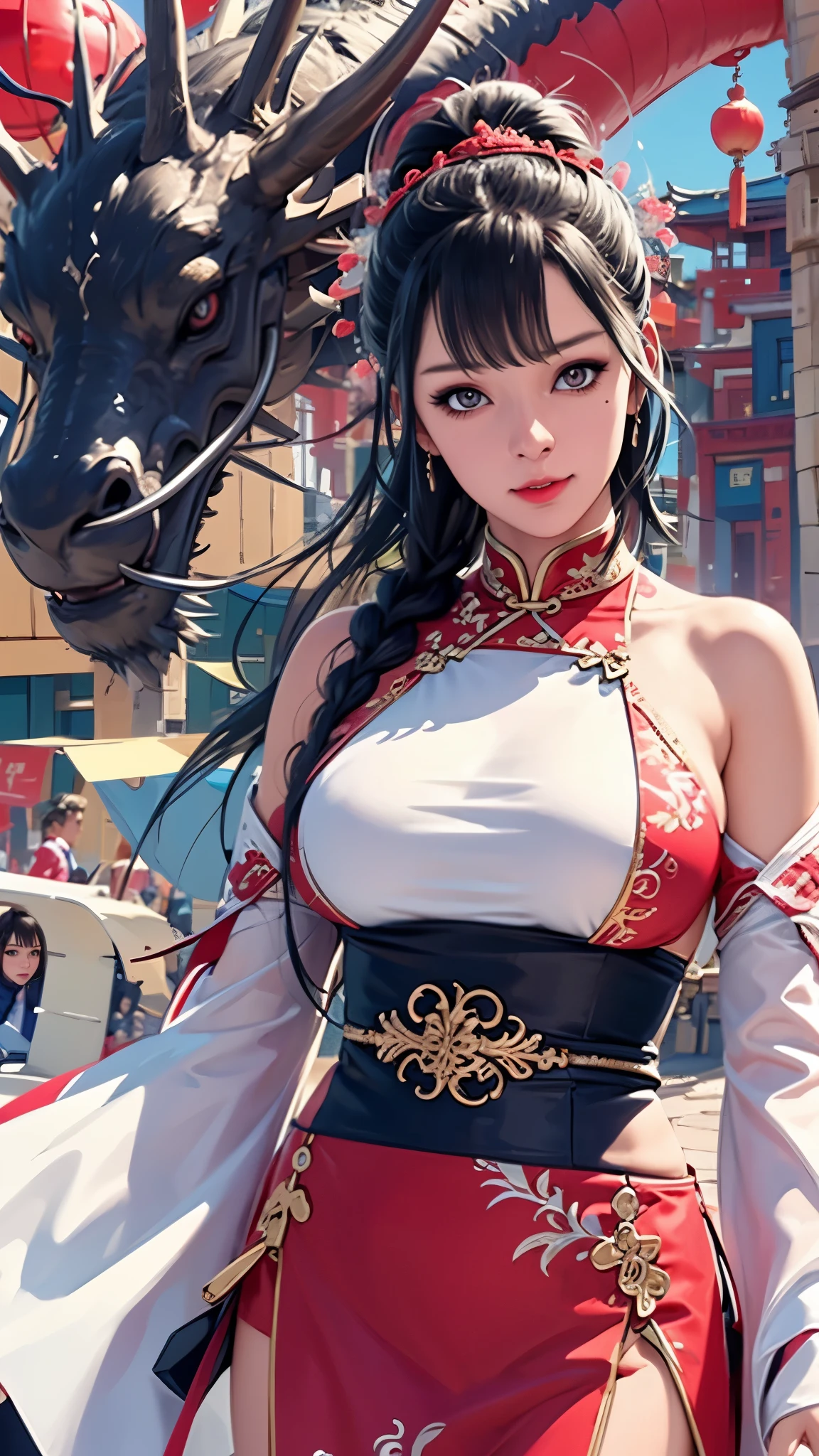 （（（完美figure，figure，red hanfu，Winter Hanfu，Chinese clothes,red clothes，red background,dragon，(Chinese fabric:1.2), hanfu，Big red lanterns hung high， Dragon and girl，dragon帽兜，（（（ailisha，Brown pupils，1girl，solo，long black hair，Exposing bangs ））），（（（wide hips））），S型figure:1.7））），((masterpiece)),high resolution, ((Best quality at best))，masterpiece，quality，Best quality，（（（ Exquisite facial features，looking at the audience,There is light in the eyes，blush，shy，Smile，happy））），（（（Light and shadow interlace，huge ））），（（（looking into camera，fighting stance）））