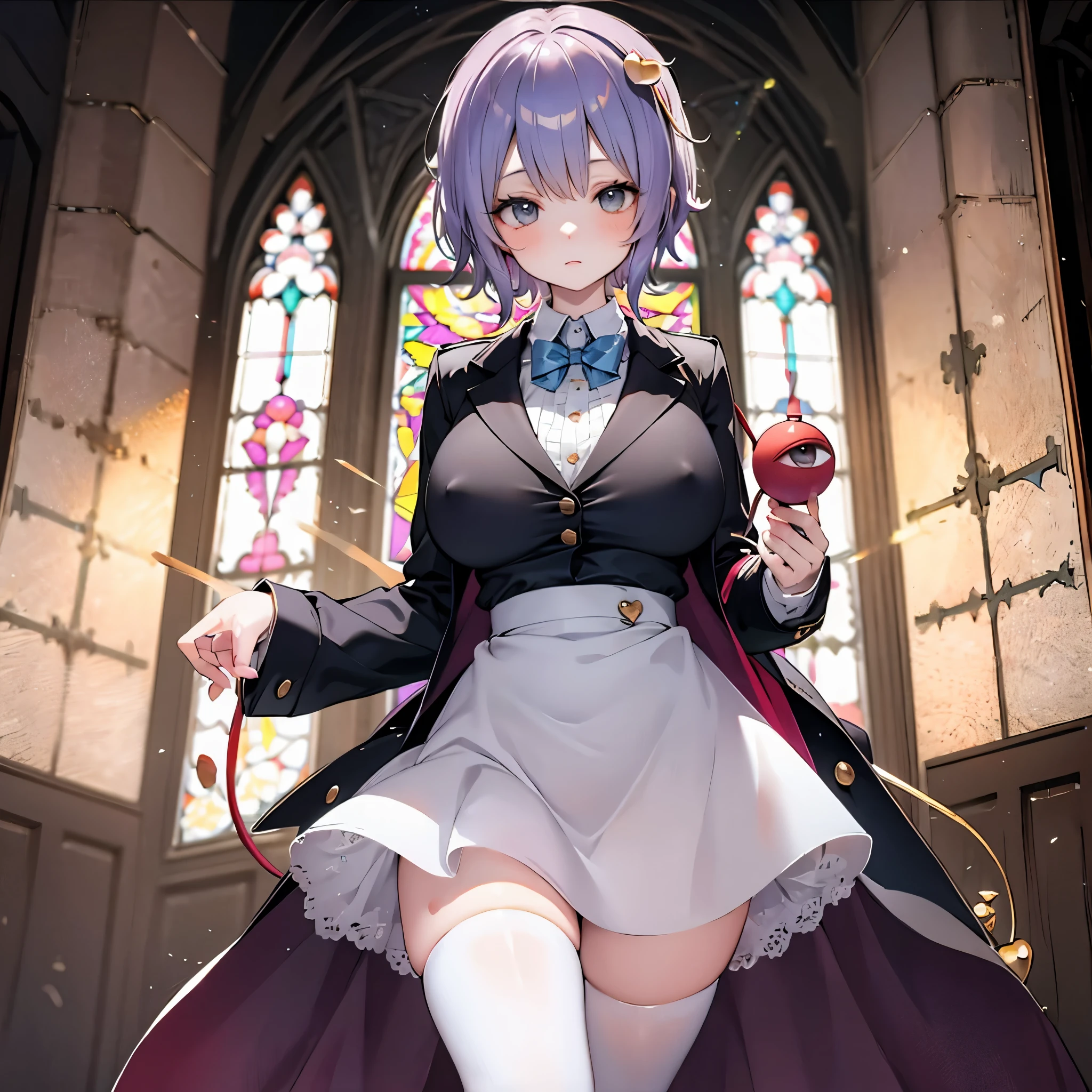 Satori toho character, (solo), (standing), (stained glass), BREAK, short hair, (huge perky breasts), bursting breasts, (inconceivably thin waist), very long legs, BREAK, (black blazer:1.1), (black thighhighs), very short black miniskirt, highheels, military, BREAK, nose blush, BREAK, masterpiece, ultra-detailed