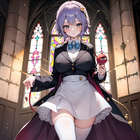 Satori toho character, (solo), (standing), (stained glass), BREAK, short hair, (huge perky breasts), bursting breasts, (inconcei...