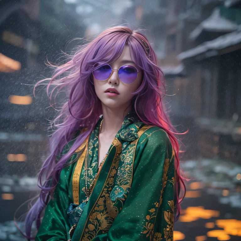 Chapter 3860 The Year of Cyberpunk（masterpiece，HD，超HD，32k lotus root starch）Bright purple flowing hair，autumn pond， lotus root starch color， Asian （Michiko）， （silk scarf）， fighting stance， looking at the ground， Orange gradient long hair， ((Thick frame reflective jade sunglasses))Floating bright purple， Fire cloud gold headdress， Chinese long-sleeved gold silk garment， （Abstract ink splash：1.2），mars background，lotus（realistically：1.4），bright purple hair，Smoke on the road，background very ivory、pure， high resolution， detail， RAW photos lotus root starch， Sharp Re， Nikon D850 film photo by Jefferies Lee 4 Kodak Portra 400 camera F1.6 guns, colorful, Super real、Vivid textures, dramatic lighting, Unreal Engine Art Station Trend, Silicon Nest 800，Bright purple flowing hair，Dark green reflective sunglasses